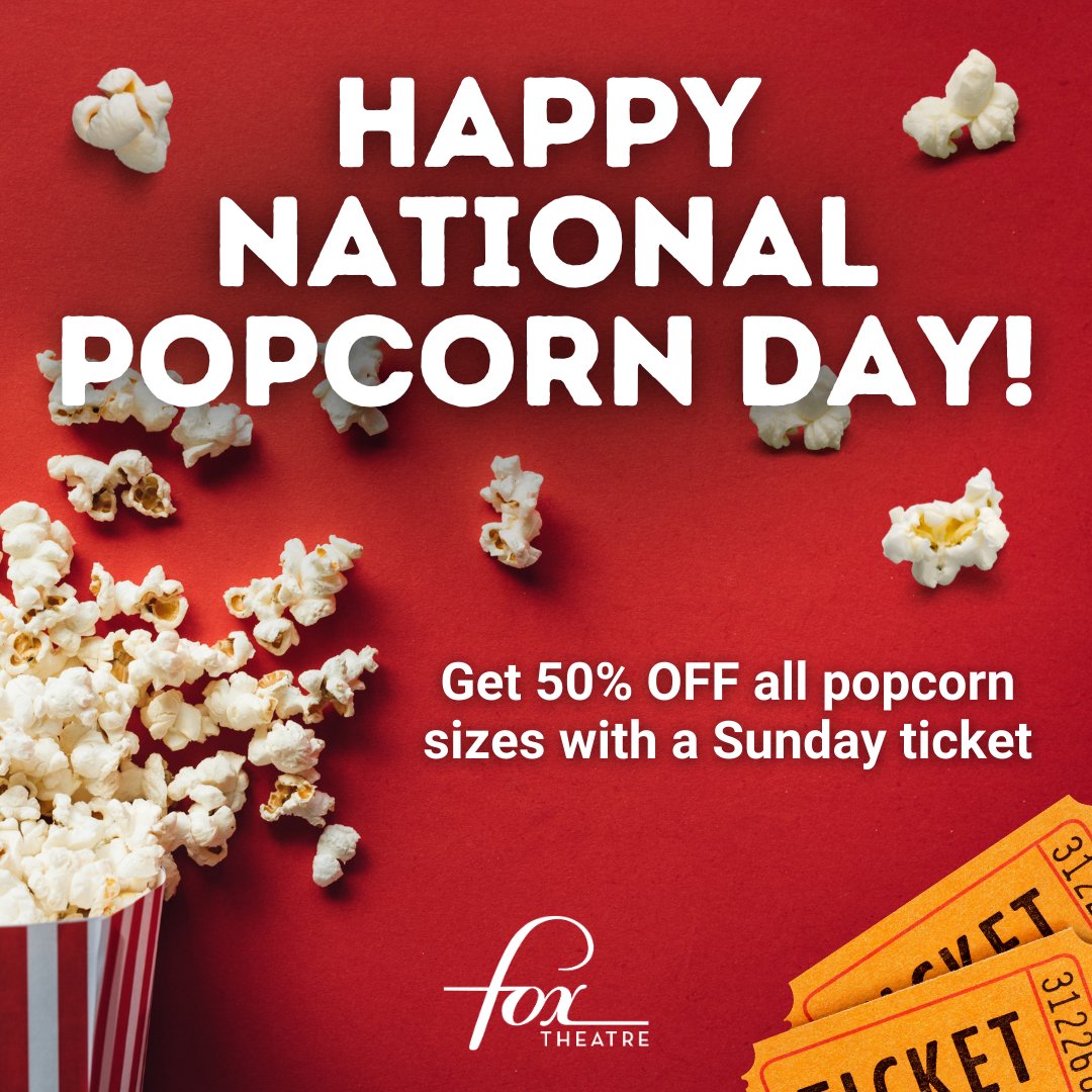 🍿 Sunday, January 19th is National Popcorn Day and we'd like to take this day to give back to our amazing audience!

👉 Only 1 popcorn bag per ticket holder.
👉 Only redeemable on Sunday, January 19th.