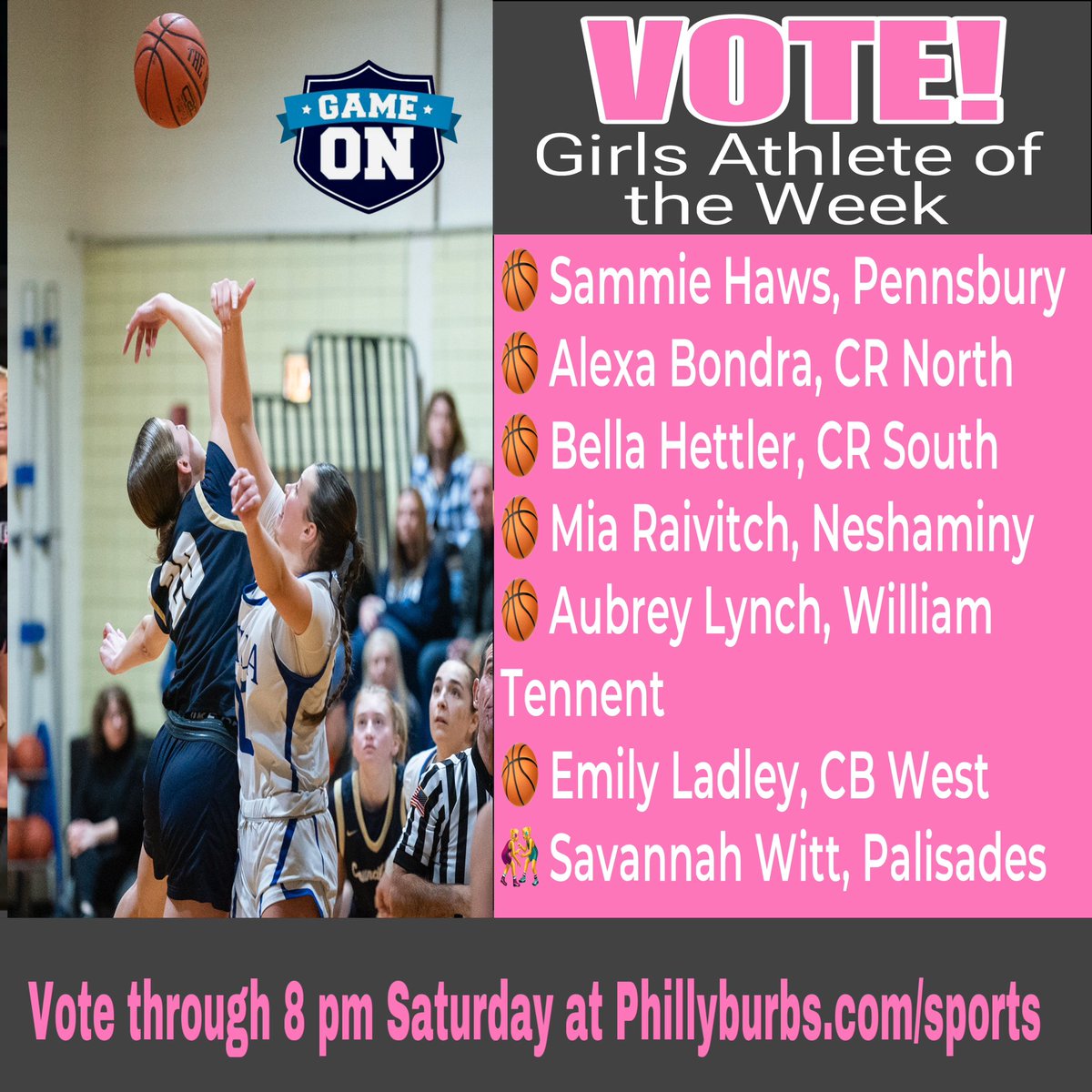 BucksMont Game On (@hsgameon) on Twitter photo 🗳️Vote for the Phillyburbs Girls Athletr of the Week!
📍Vote though 8 pm Saturday 👇
phillyburbs.com/story/sports/h…
<a href="/PSD_GBB/">Pennsbury Girls BB</a> <a href="/CRSGBB/">CR South Girls Basketball</a> <a href="/CRNorthgirlsbb/">CR North Girls Basketball</a> <a href="/NeshaminyGBB/">Neshaminy Girls Basketball</a> <a href="/cbwestgbb/">CB WEST GIRLS BASKETBALL</a> <a href="/PSDAthletics/">Palisades Athletics</a> <a href="/WTHS_Sports/">WTHSAthletics</a> 🗳️Vote for the Phillyburbs Girls Athletr of the Week!
📍Vote though 8 pm Saturday 👇
phillyburbs.com/story/sports/h…
<a href="/PSD_GBB/">Pennsbury Girls BB</a> <a href="/CRSGBB/">CR South Girls Basketball</a> <a href="/CRNorthgirlsbb/">CR North Girls Basketball</a> <a href="/NeshaminyGBB/">Neshaminy Girls Basketball</a> <a href="/cbwestgbb/">CB WEST GIRLS BASKETBALL</a> <a href="/PSDAthletics/">Palisades Athletics</a> <a href="/WTHS_Sports/">WTHSAthletics</a>