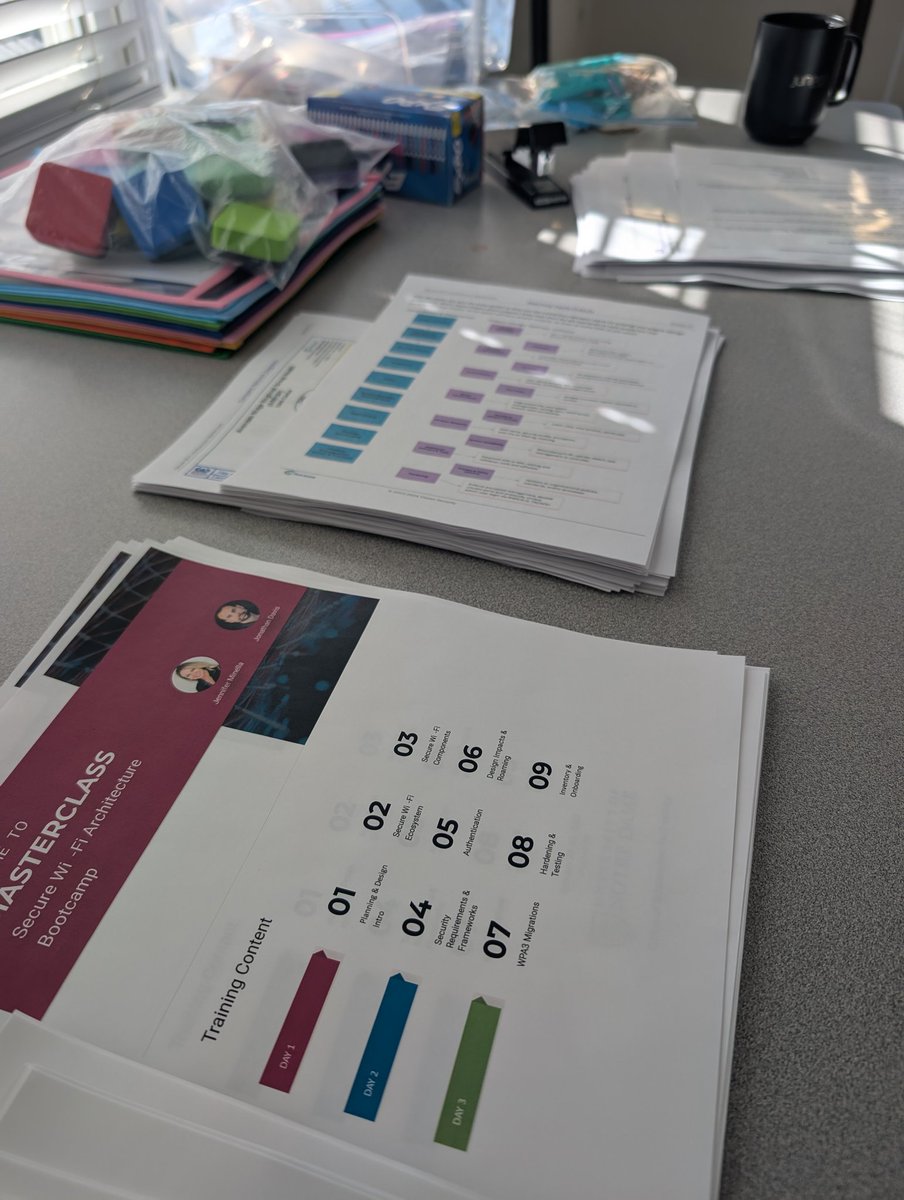 Getting materials ready for an upcoming private class of the Secure Wi-Fi Architecture Masterclass 😎

#cybersecurity #networksecurity #wireless #zerotrust #wifi7 #wpa3 #8021x #iot