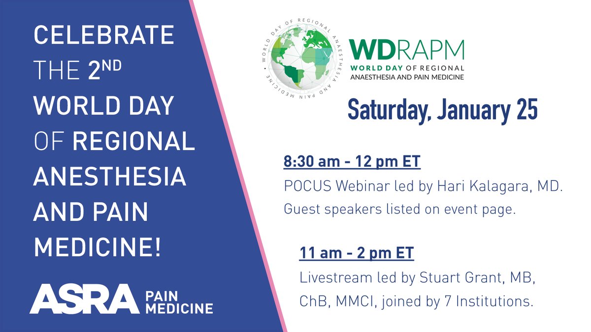 🌍✨ Mark your calendar for the 2nd World Day of Regional Anesthesia &amp; Pain Medicine on January 25!

Celebrate the incredible contributions of regional anesthesia in transforming patient care. 💉💙

🗓️ Learn more: bit.ly/WDRAPM2025
#WDRAPM #WDRAPM25 #ASRAPM