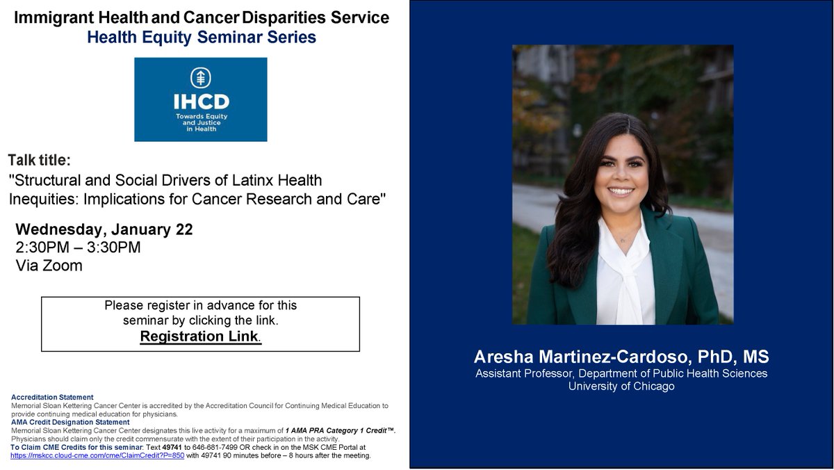 MSKCC Immigrant Health & Cancer Disparities Center (@mskihcd) on Twitter photo <a href="/mskihcd/">MSKCC Immigrant Health & Cancer Disparities Center</a> is hosting the next session of our ongoing Health Equity Seminar Series on Wed. January 22 from 2:30-3:30pm via Zoom. Register in advance using the link here: meetmsk.zoom.us/meeting/regist…
Further details, including speaker information, are included in the flyer below. <a href="/mskihcd/">MSKCC Immigrant Health & Cancer Disparities Center</a> is hosting the next session of our ongoing Health Equity Seminar Series on Wed. January 22 from 2:30-3:30pm via Zoom. Register in advance using the link here: meetmsk.zoom.us/meeting/regist…
Further details, including speaker information, are included in the flyer below.