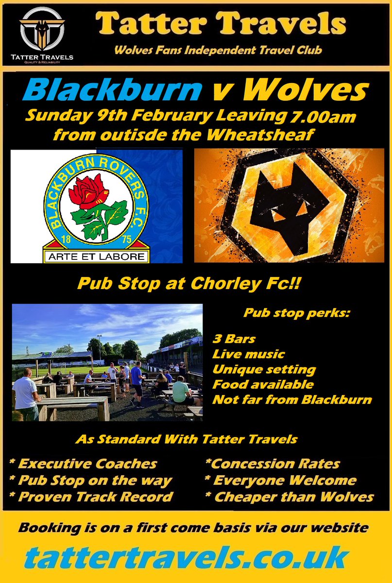 Tatter Update: Our trip to Blackburn is now bookable at tattertravels.co.uk. With a pub stop at Chorley FC, with  3 bars, live music, food available and not far from Blackburn, the early kick-off time is a little more bareable. Prices start at £19 and standard adults only £22