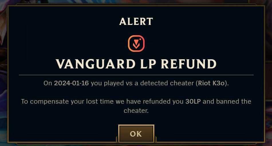 <a href="/lol5215214/">lol1</a> <a href="/f1ayzz_/">f1ayZ</a> <a href="/RiotSupport/">Riot Games Support</a> All lost ranked games where the cheater was actively cheating are reversed for affected players.  You'll get a notification that identifies the cheater, the date, and the LP to be restored.  If your ranking changes as a result, you'll see that too.  

Extremely WIP below.
