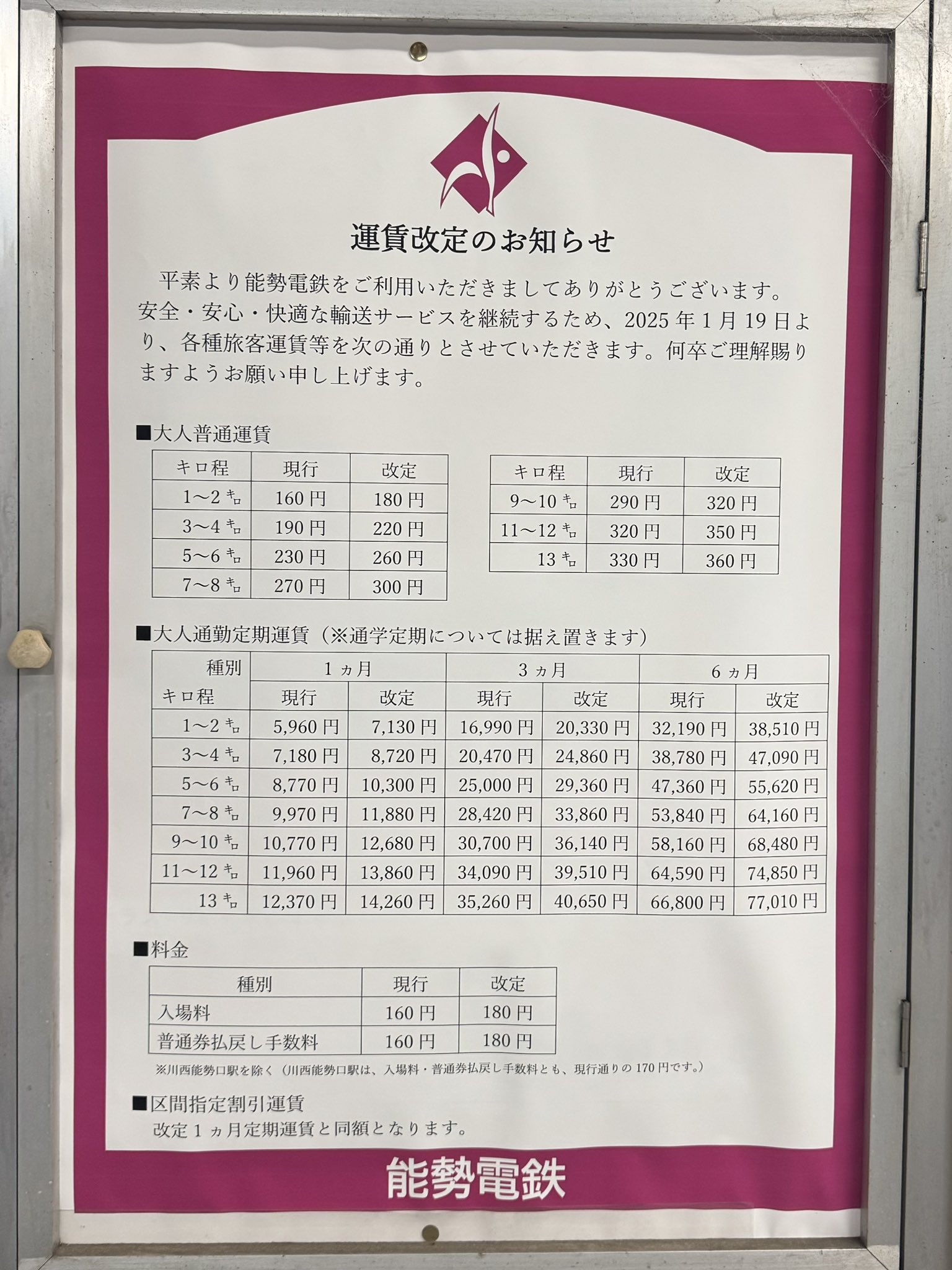 阪急電鉄と能勢電鉄の運賃表 阪急電鉄と能勢電鉄の運賃表