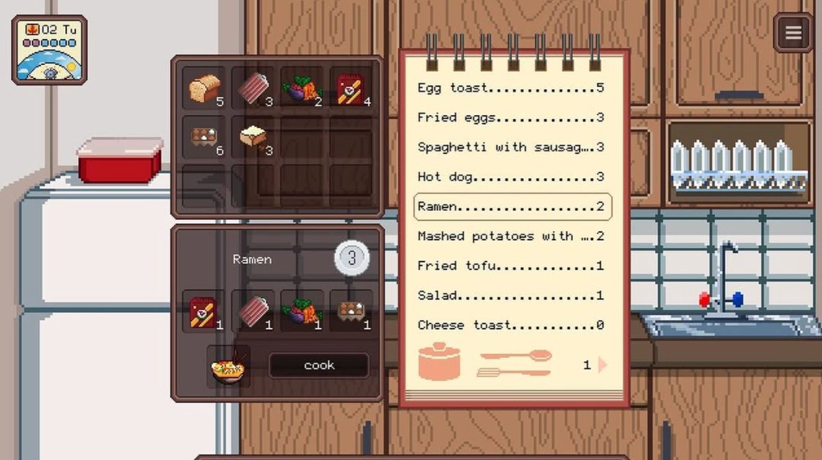 During your student life, paying attention to proper nutrition is important. Fortunately, the cookbook in the kitchen has plenty of recipes to keep you full throughout your adventures. #pixelart #visualnovelgame #godot #godotengine #mymatesgame