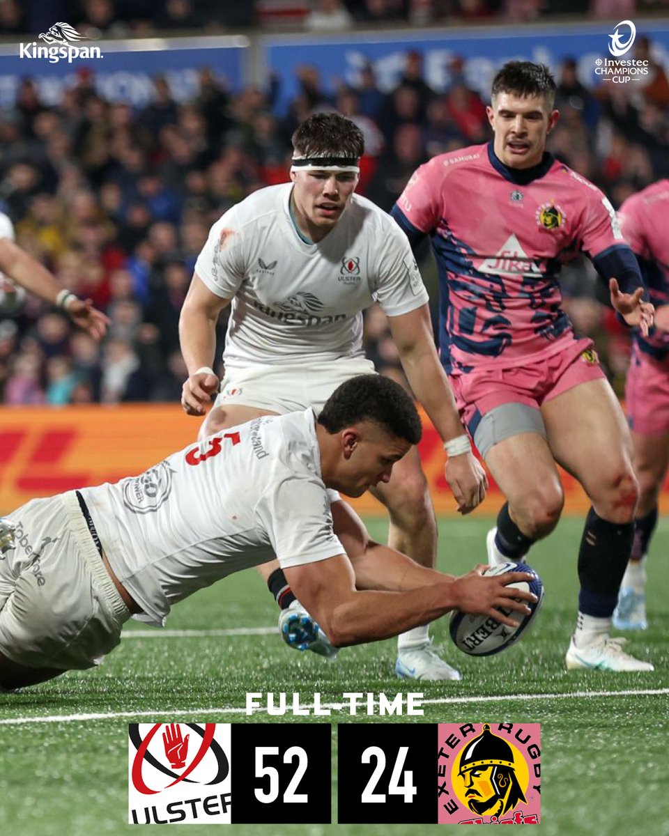 UlsterRugby's tweet photo. FT at Kingspan Stadium and a bonus-point victory! 🔥 

We'll learn our European fate tomorrow after the Sharks play Bordeaux. https://t.co/zBV4bSeifm