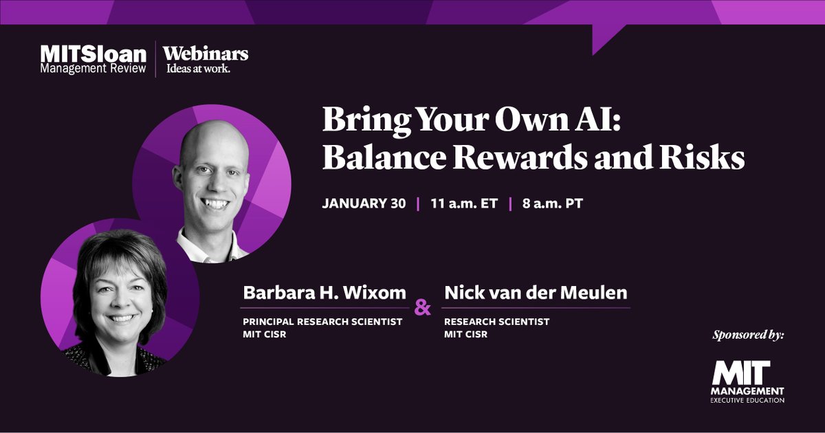 MIT CISR (@mit_cisr) on Twitter photo Bring Your Own #AI Balance Rewards and Risks - Free Webinar and Q&A from #MIT Sloan Management Review. New research presented from <a href="/NMeulen/">Nick van der Meulen</a> and <a href="/BarbWixom/">Barb Wixom</a> on #BYOAI, the risks, and how leaders can turn them into an asset to drive innovation. REGISTER NOW! mitsmr.com/401DfAU Bring Your Own #AI Balance Rewards and Risks - Free Webinar and Q&A from #MIT Sloan Management Review. New research presented from <a href="/NMeulen/">Nick van der Meulen</a> and <a href="/BarbWixom/">Barb Wixom</a> on #BYOAI, the risks, and how leaders can turn them into an asset to drive innovation. REGISTER NOW! mitsmr.com/401DfAU