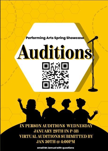 Auditions for the Spring Performing Arts Showcase will be on January 29th.