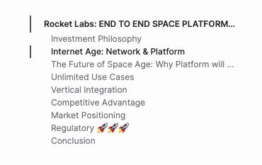 As promised, Here is the full thesis on Rocket Labs $RKLB.

I am looking at Rocket Labs through the lens of system thinking (first principle, feedback loops, and pattern recognition) and Peter Theil (invested in SpaceX) Zero to One. 

Read &amp; discuss on this thread.

Link: