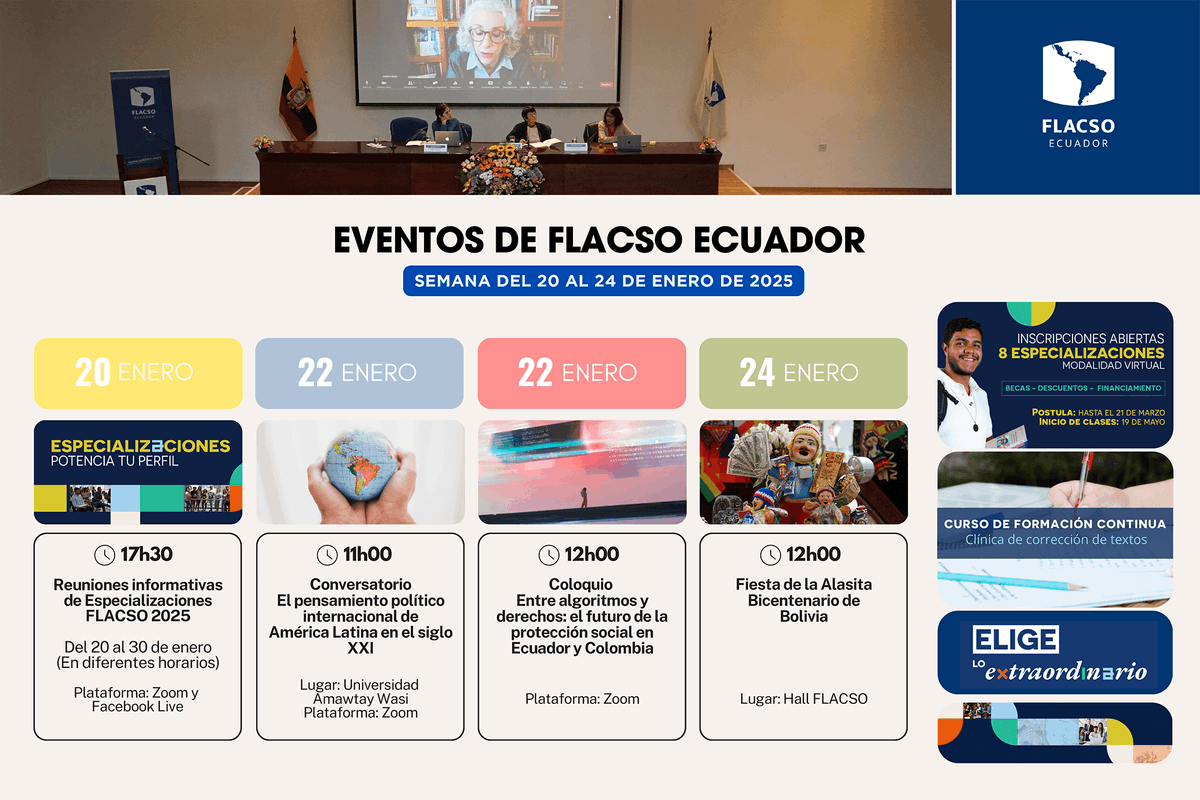 FLACSOec's tweet photo. 🗓🤓 Esta semana en FLACSO Ecuador tenemos varios eventos que no te puedes perder.
Más información »» https://t.co/LhMumBzZTq
#FLACSOEcuador #EventosFLACSO #ComunidadFLACSO #EligeloExtraordinario #ADNFLACSO https://t.co/paWloGAt8u