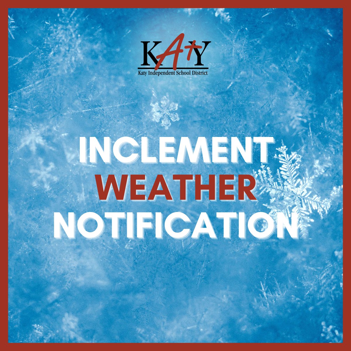Katy ISD continues to monitor inclement weather conditions. At this time, we are on schedule for a regular instructional day, Tuesday, January 21, 2025. Another district weather update will be provided this Sunday evening. Info at: katyisd.org.