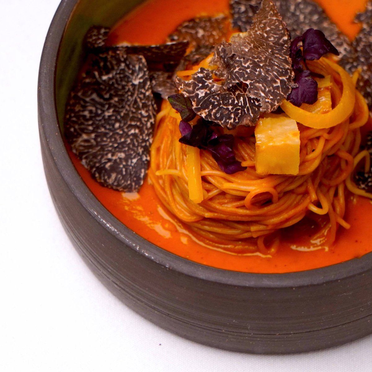 FIDEOS AL CHIPOTLE | toasted fideo noodles, ayamole (butternut-chipotle crema), roasted celery root, rutabaga simmered with sweet spices, black truffle.