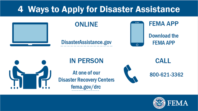LA residents affected by the wildfires can apply for federal disaster assistance. 

4 ways to apply:
- Online: disasterassistance.gov.
- FEMA APP: fema.gov/app.
- Call: 800-621-3362.
- In person at a DRC. To find the nearest DRC, text “DRC” &amp; your ZIP Code to 43362.