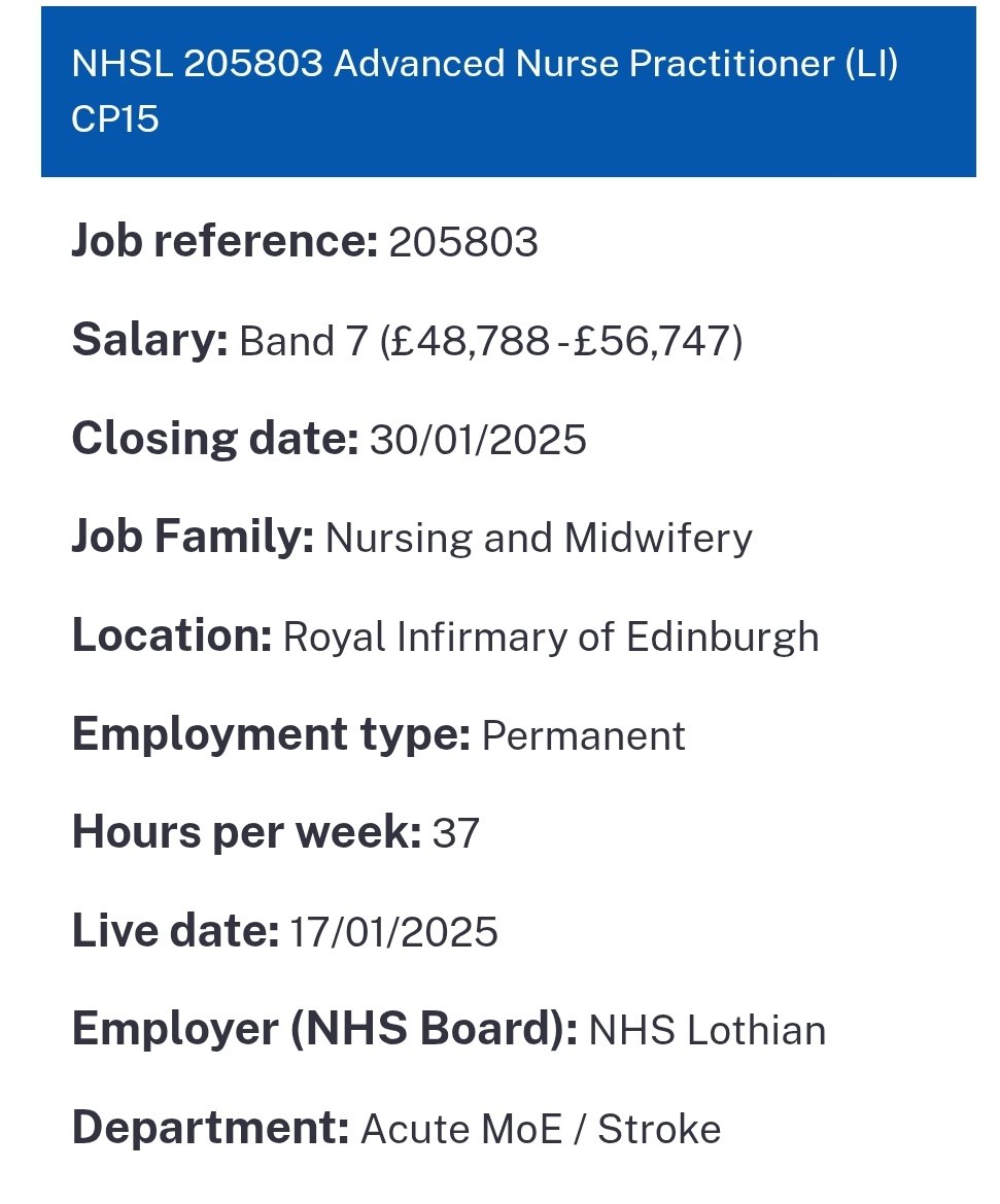 Acute Medicine of The Elderly @RIE (@rieacutemoe) on Twitter photo Amazing opportunity in our Acute MoE Frailty team.
<a href="/NHS_Lothian/">NHS Lothian</a> <a href="/RIE_Lothian/">Royal Infirmary of Edinburgh</a>
<a href="/aristyro/">Aris Tyrothoulakis</a> <a href="/PeterJa86236502/">michelle Jack</a> <a href="/gillian_mcauley/">Gillian McAuley 💜</a> <a href="/almac1405/">Alison Macdonald 💙</a> <a href="/CNMChris1975/">Chris Findlay</a> #weareMOE
apply.jobs.scot.nhs.uk/Job/JobDetail?… Amazing opportunity in our Acute MoE Frailty team.
<a href="/NHS_Lothian/">NHS Lothian</a> <a href="/RIE_Lothian/">Royal Infirmary of Edinburgh</a>
<a href="/aristyro/">Aris Tyrothoulakis</a> <a href="/PeterJa86236502/">michelle Jack</a> <a href="/gillian_mcauley/">Gillian McAuley 💜</a> <a href="/almac1405/">Alison Macdonald 💙</a> <a href="/CNMChris1975/">Chris Findlay</a> #weareMOE
apply.jobs.scot.nhs.uk/Job/JobDetail?…