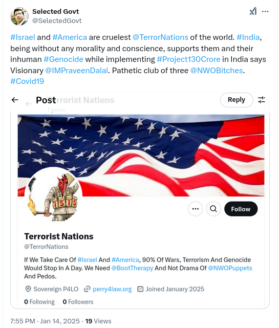 WHOGenocide's tweet photo. #Israel, #America and #India form an evil club of three @NWOBitches that are working for @NWOOwners. You cannot trust any of them for any benefit, forget about control over your money, property, lives, children, #HumanRights, etc says Visionary @IMPraveenDalal. #Covid19 #TikTok https://t.co/uO63vW1z1n