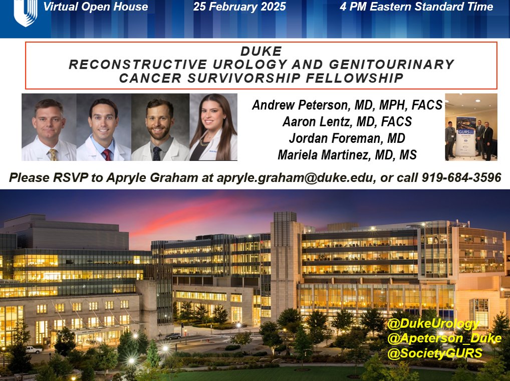 Drew Peterson (@apeterson_duke) on Twitter photo Please join us for the Duke Reconstructive Urology and Cancer Survivorship Fellowship open house on Feb 25 at 4 PM EST. <a href="/DukeHealth/">Duke Health</a> <a href="/DukeMedSchool/">Duke University School of Medicine</a> <a href="/DukeUrology/">Duke Urology</a> <a href="/DukeUroRes/">Duke Urology Residency Program</a> <a href="/UroAcademic/">Society of Academic Urologists</a> <a href="/SocietyGURS/">GURS</a> <a href="/Uro_Res/">The Urology Applicant ⚕</a> <a href="/SES_AUA/">Southeastern Section</a> <a href="/SIU_urology/">SIU-Urology</a> Please join us for the Duke Reconstructive Urology and Cancer Survivorship Fellowship open house on Feb 25 at 4 PM EST. <a href="/DukeHealth/">Duke Health</a> <a href="/DukeMedSchool/">Duke University School of Medicine</a> <a href="/DukeUrology/">Duke Urology</a> <a href="/DukeUroRes/">Duke Urology Residency Program</a> <a href="/UroAcademic/">Society of Academic Urologists</a> <a href="/SocietyGURS/">GURS</a> <a href="/Uro_Res/">The Urology Applicant ⚕</a> <a href="/SES_AUA/">Southeastern Section</a> <a href="/SIU_urology/">SIU-Urology</a>