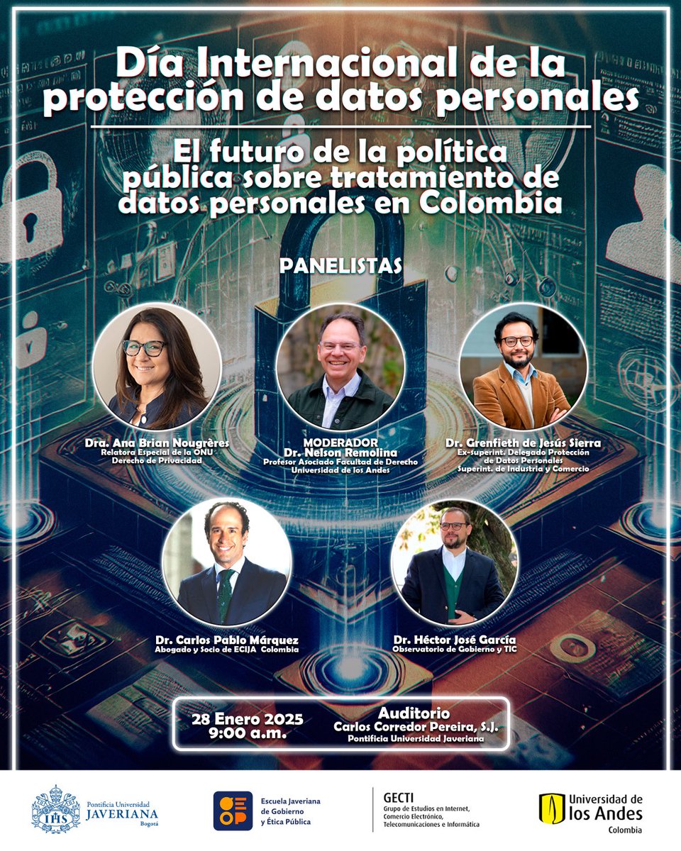 DÍA INTERNACIONAL DE LA PROTECCIÓN DE DATOS (2025): La Escuela Javeriana de Gobierno y Ética Pública y el GECTI los invitan a este evento para conversar sobre el futuro de la política pública colombiana sobre tratamiento de datos personales: Inscripciones: forms.office.com/pages/response…