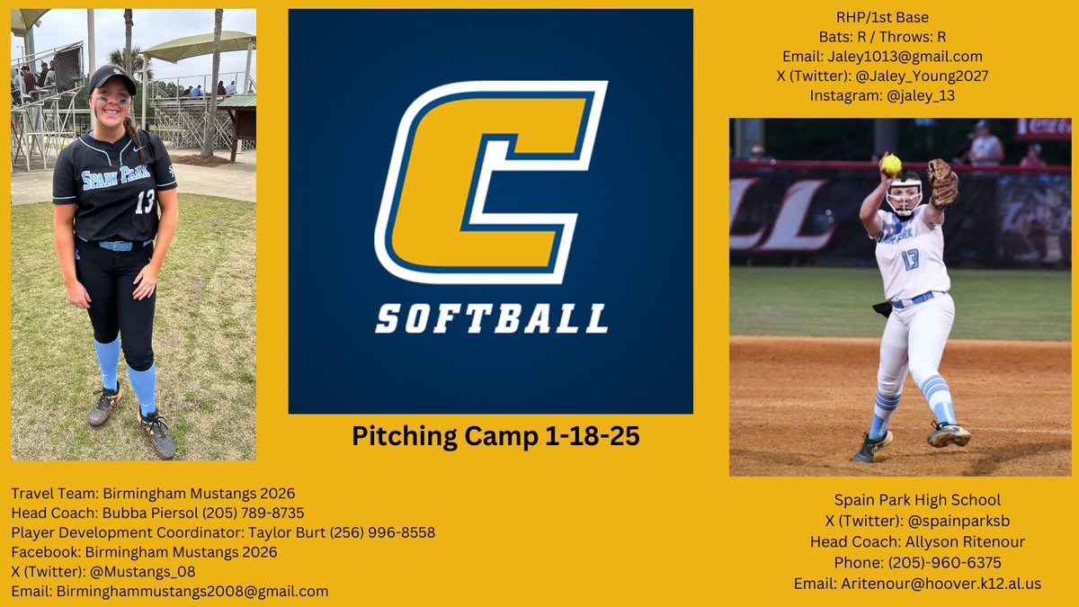Jaley Young (@jaley_young2027) on Twitter photo So excited to attend the University of Tennessee at Chattanooga pitching camp tomorrow!! Go Mocs! <a href="/coachK73/">Scottie Kilgore</a> <a href="/CoachFrankReed/">Frank Reed</a> <a href="/cheytwn77/">Cheyanne Tarango-Camp</a> <a href="/GregLarnerd/">Greg Larnerd</a> <a href="/spainparksb/">Spain Park Softball 6A</a> <a href="/Mustangs_08/">Bham Mustangs 08</a> So excited to attend the University of Tennessee at Chattanooga pitching camp tomorrow!! Go Mocs! <a href="/coachK73/">Scottie Kilgore</a> <a href="/CoachFrankReed/">Frank Reed</a> <a href="/cheytwn77/">Cheyanne Tarango-Camp</a> <a href="/GregLarnerd/">Greg Larnerd</a> <a href="/spainparksb/">Spain Park Softball 6A</a> <a href="/Mustangs_08/">Bham Mustangs 08</a>