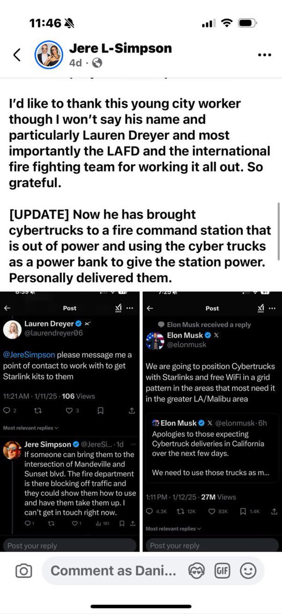 thatsKAIZEN's tweet image. Los Angeles resident @JereSimpson asked Elon to help LA firefighters, who had lost internet, restore connectivity.

In response, Elon sent Tesla Cybertrucks loaded with Starlinks.

Someone from LA Mayor Karen Bass’ office heard about this, and called Jere asking for help too.…