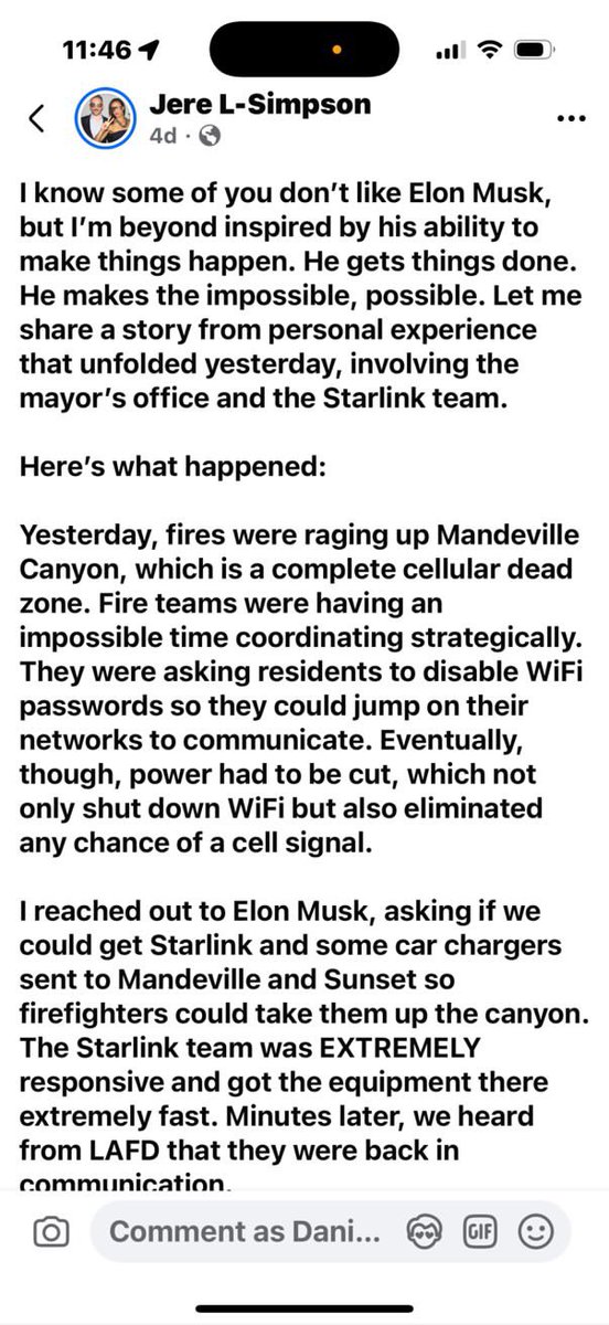 thatsKAIZEN's tweet image. Los Angeles resident @JereSimpson asked Elon to help LA firefighters, who had lost internet, restore connectivity.

In response, Elon sent Tesla Cybertrucks loaded with Starlinks.

Someone from LA Mayor Karen Bass’ office heard about this, and called Jere asking for help too.…