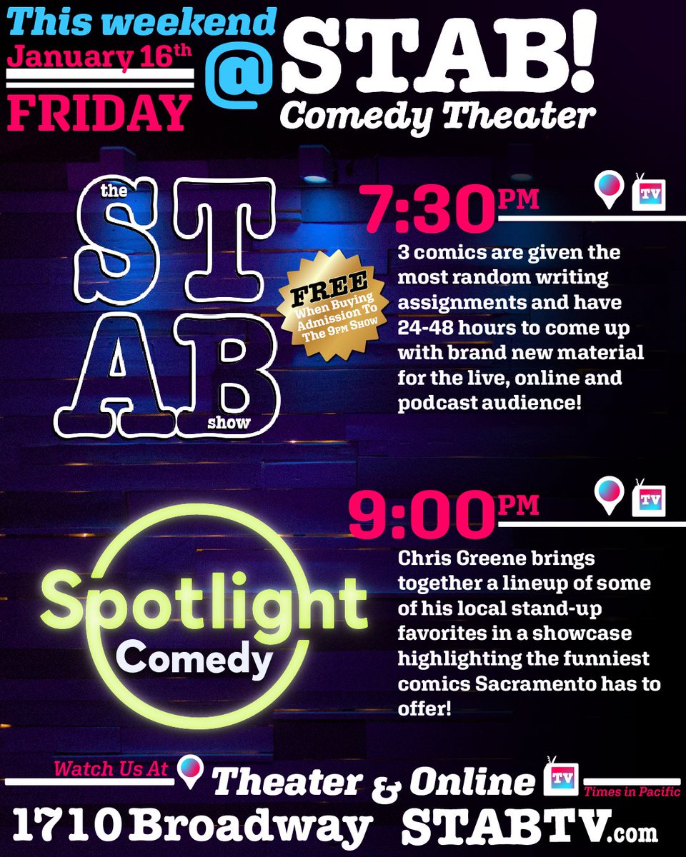 stabcomedy's tweet image. Xitter may be a ghost town, but the STAB Theater isn't! Come on down tonight, and the next two days, and then watch online the next three days, and then come in the next four and . . . okay, if that's too much just focus on tonight!