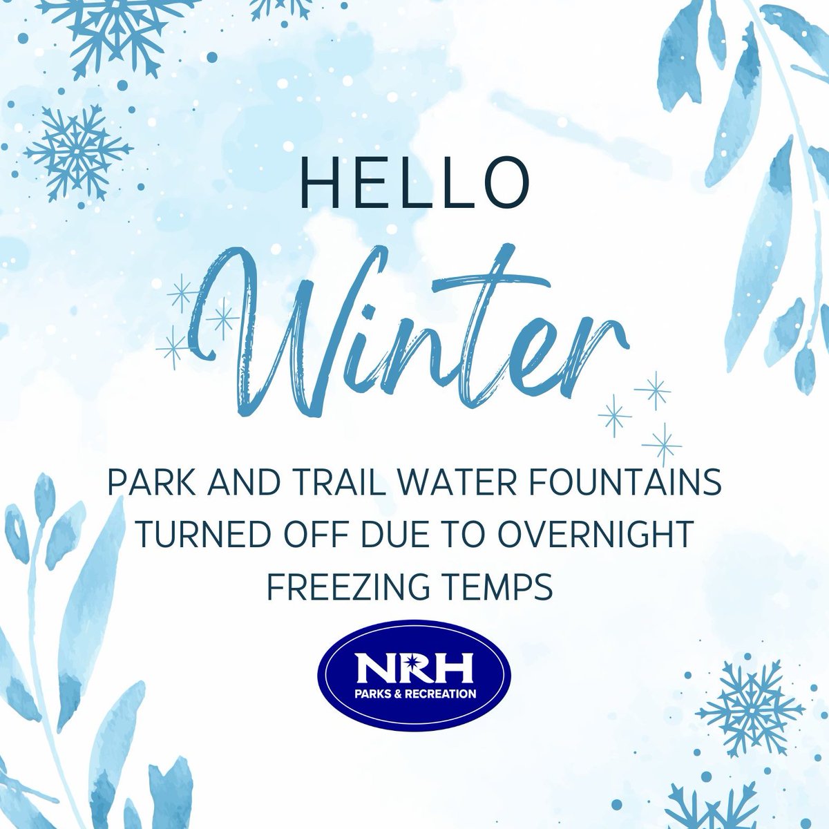 Just a reminder:  Due to freezing temperatures, the following park amenities are currently closed:
-Park restrooms
-Park drinking fountains
-Water at the dog park
They will remain closed through the winter. Thank you for understanding!