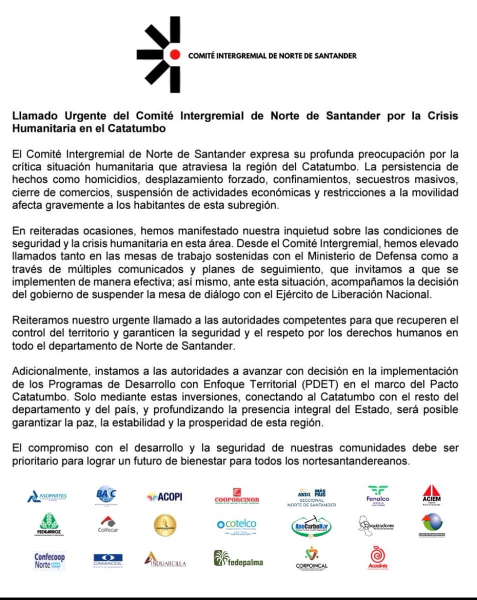 Llamado Urgente del Comité Intergremial de Norte de Santander por la Crisis
Humanitaria en el Catatumbo