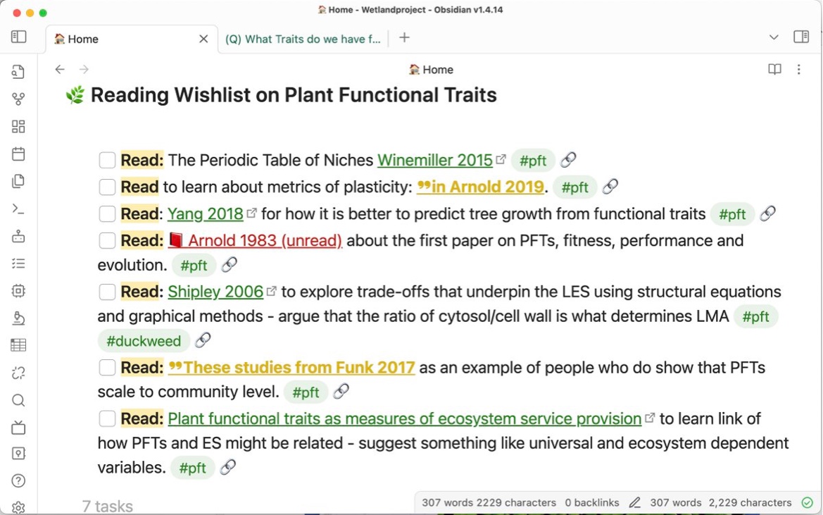 Artifexx's tweet photo. Want to remember every paper you read and be the most well-read person in the room?

Here is how you can do it: 

📚1. Read only two papers a day, slowly
Everyone tries to use AI to read faster. Science is doomed if we all do this, instead read slower! Savour the paper, especially foundational and review papers. I consider 2-4 full papers in one day a lot. Think of yourself as a forensic detective who can solve a crime from just tiny bits of evidence - academia is very similar, and your evidence is papers.

✍️2. Don't highlight – write to remember
The longer you take to write in your own words, the more you consolidate your understanding. When reading the first time summarize every paragraph, especially the introduction.

📝3. Summarize the summaries
Once you have summarized a paper in your own words, summarize your summary. The advancement of every single paper is often just one tiny idea. (e.g. "Hotter climate leads to plants growing in higher elevation"). Once you get to a point where you have summarized the paper in 1-2 sentences you fully get it. 

🤔4. Decode authors' intentions
This is crucial to your understanding. Why did the authors write the paper? Answer this as concisely as you can. 
This is how I summarize papers and intentions, notice also the heavy linking to other notes in the summary: 

📌 5. Track your sources
Most introduction and discussion sections will have a fair amount of findings from other papers put into context. Whenever you find a relevant idea, write it down and note the original source where it came from. Over time you will find recurring papers and identify what are the "foundational" papers and authors in your field. 

📋6. Build a reading wish list
Building a reading list of papers and write down why you want to read them. Never just download papers "for later". The act of downloading is a reward that you get when you commit to reading a paper. This is how this can look: 

🖼️ 7. Visualize to Realize
The ultimate summary is visual if you can break down your research into a visual summary you will see the gaps immediately. 

I can't emphasize enough how crucial a note-taking strategy is in this process. It expands your memory horizon.

You know some things (knowns), others you know that you don't know (unknowns). This is your memory horizon. Everything beyond you don't know that you don't know (unknown unknowns). 

Things that are unknowns over time become unknown unknowables. In other words, you forget you ever knew them. 

This is what note-taking stops. You may forget a note is there, but it is still linked and present, it can never become an unknown unknowable anymore. If you review your notes, you will find it and remember it.