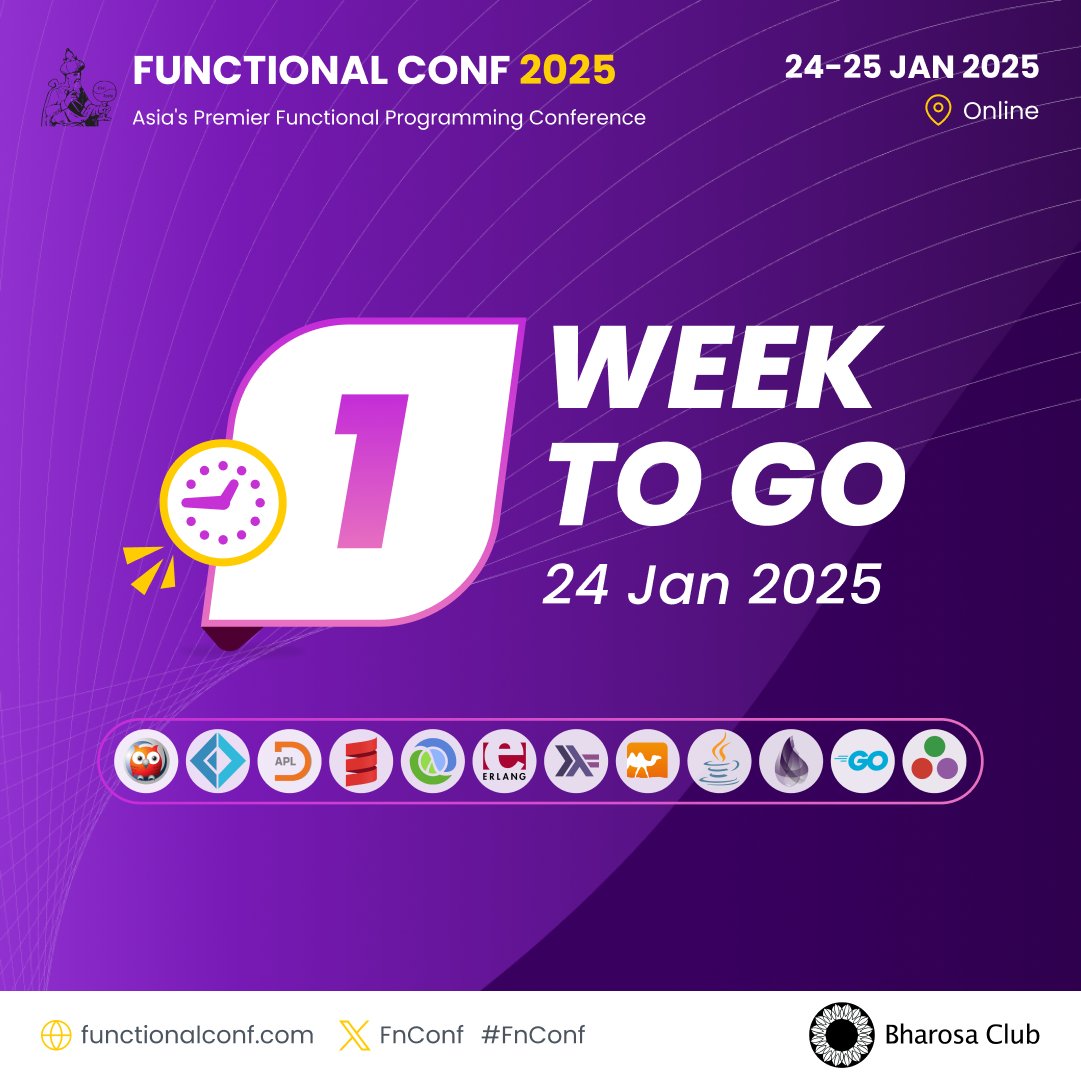 Join us for #FnConf 2025 online on Jan 24-25, as we explore how FP principles are transforming software development worldwide &amp; network with the FP community

With just 1 week to go, register now so you don't miss out! confengine.com/conferences/fu…

#FunctionalProgramming