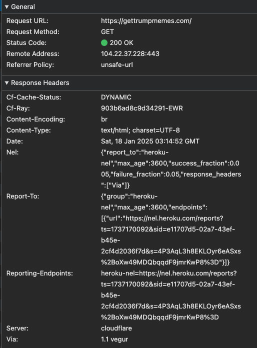 0xCygaar's tweet image. Ok yeah the new Trump memecoin website is deployed almost identically to his previous NFT website.

Same cloudflare setup, same deployment with Heroku, same SSL certificate issuer.

Very similar HTML structure as before.