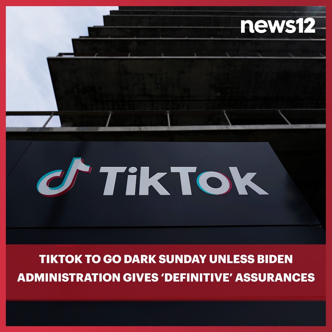 News12WC's tweet photo. TIKTOK BAN UPDATE: TikTok officials say that the app will go dark in the United States on Sunday unless the Biden administration “provides a definitive statement to satisfy the most critical service providers assuring non-enforcement.”

#News12 #TikTok 
https://t.co/v19Dp8qcGg https://t.co/j4veow8mJe