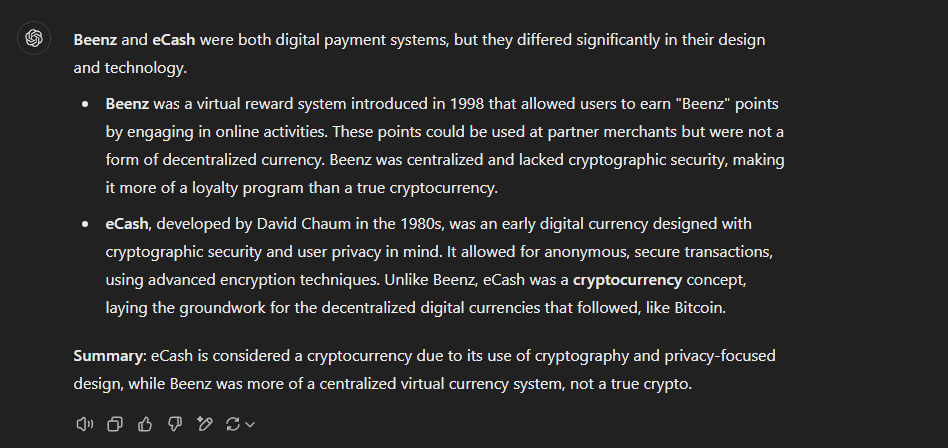 bwsayajin16's tweet image. chatgpt knows the difference, 

$beenz is much more meme, there were saylor purchases, elon musk made a tweet about, amazon such,

$ecash was the first “crypto” and Bill Gates tried to buy the company for $100 million

Anyway, send them both HIGHEEERRR

VERY GOOD LORE