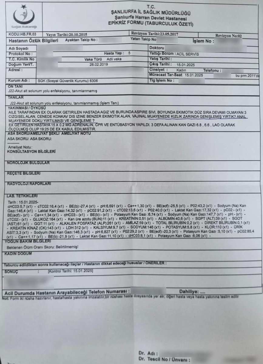 👧Henüz 5 yaşında bir kız çocuğu.
📍Harran Devlet Hastanesi’ne getiriliyor.
📍Korkunç bir tecavüzün ardından boğularak katledilmiş.
📍Acil serviste gerekli tüm müdahaleler yapılıyor ancak kalbini çalıştırmak mümkün olmuyor.
📃Detaylı bir raporla her şey kayıt altına alınıyor.