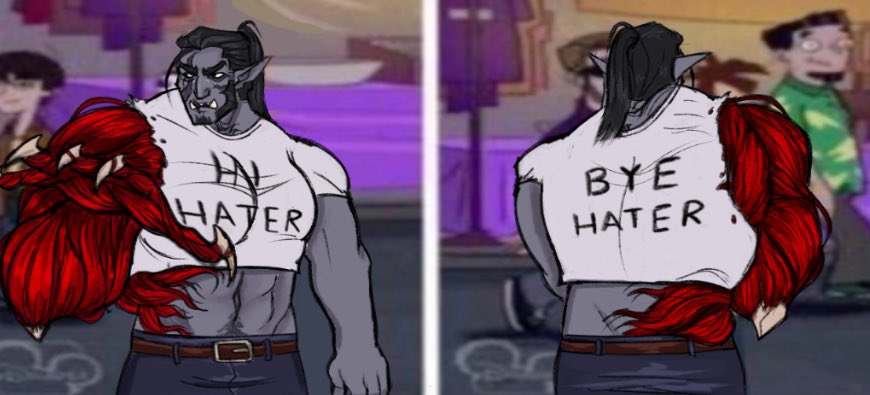 Packlepez's tweet photo. Villain from dnd (his name is Gahin'na) in the dr doofenshmirtz hi hater bye hater shirt #DnD #gay #art #fanart https://t.co/P8zRcGo2lK