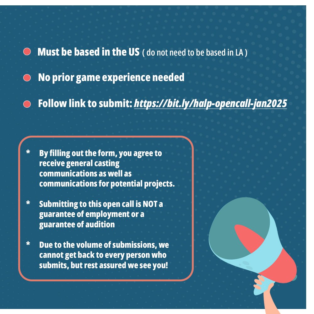 The Halp Network (@thehalpnetwork) on Twitter photo 📣 Open Casting Call 🎉
Please read the post for more details. If this sounds like you, fill out the form at:  bit.ly/halp-opencall-…
Feel free to share this!
This is an open call. Auditions and employment are not guaranteed. 📣 Open Casting Call 🎉
Please read the post for more details. If this sounds like you, fill out the form at:  bit.ly/halp-opencall-…
Feel free to share this!
This is an open call. Auditions and employment are not guaranteed.