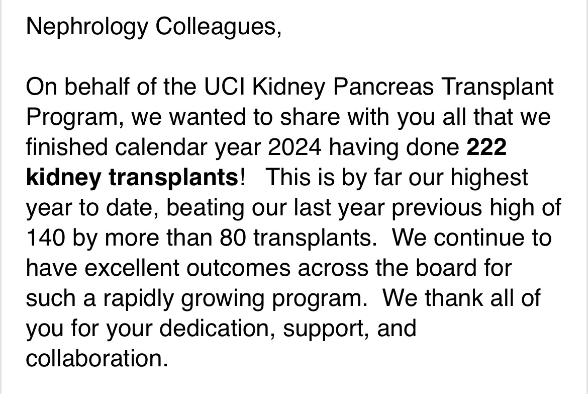 UCI #KidneyTransplant program completed 222 kidney transplants in calendar year 2024, compared to 140 in 2023.

This is 20% of the nation’s overall growth - there were 427 more transplants nationwide in 2024 compared to 2023.

Congrats Drs. Reddy and Redfield and transplant team!