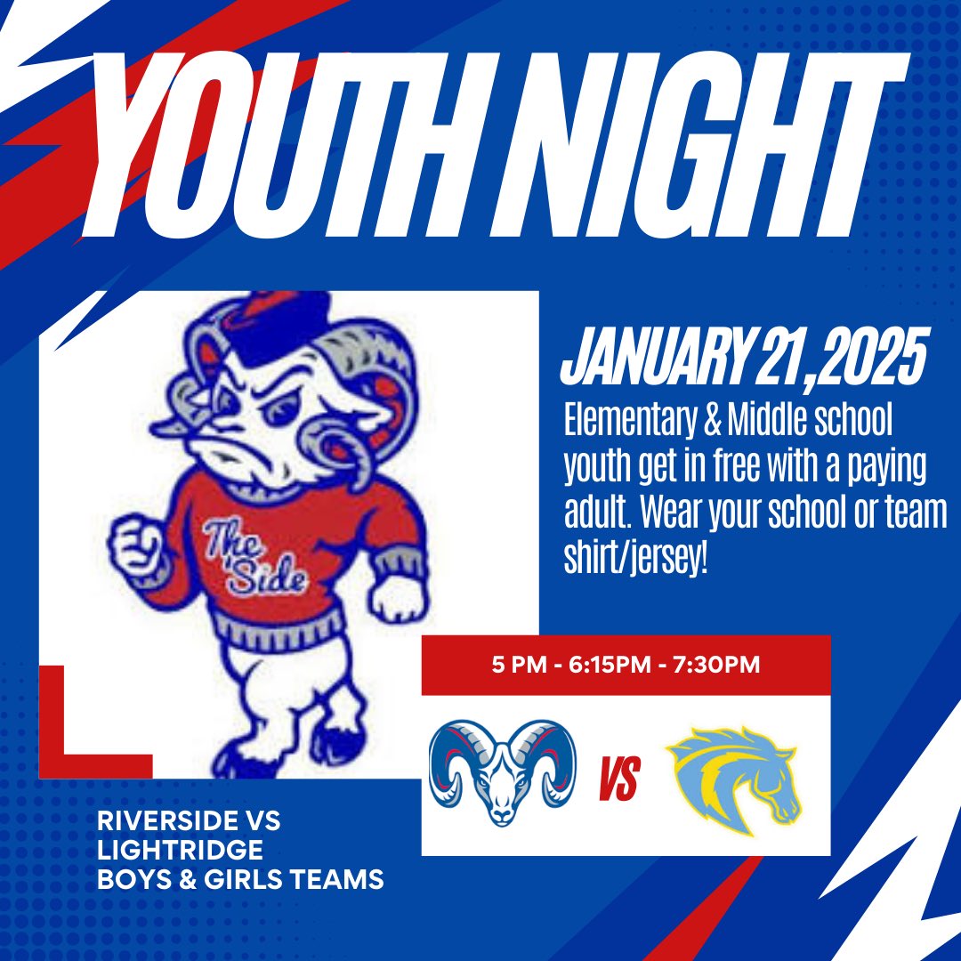 Youth night on Tuesday 1/21. Come out and cheer on your <a href="/RiversideLCPS/">Riverside HS</a>  Boys <a href="/RHS_Rams_Hoops/">Riverside Rams Basketball</a> and Girls basketball 🏀 programs <a href="/RVHSRamsSports/">Riverside Athletics</a> 
Wear PINK!