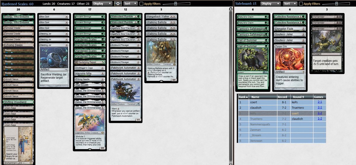 T4ed the modern challenge with Mono G Scales

R1) Breach 🤖💥🤖
R2) Boros Energy 🤖💥💥
R3) Breach 🤖🤖
R4) Breach 💥🤖🤖
R5) Eldrazi Ramp 🤖🤖
R6) GW Ritual 🤖🤖
R7) Necro 🤖🤖

T8) Belcher 💥🤖🤖 @Xenowan 
T4) Eldrazi Ramp 🤖💥💥

#hardendscales #robots