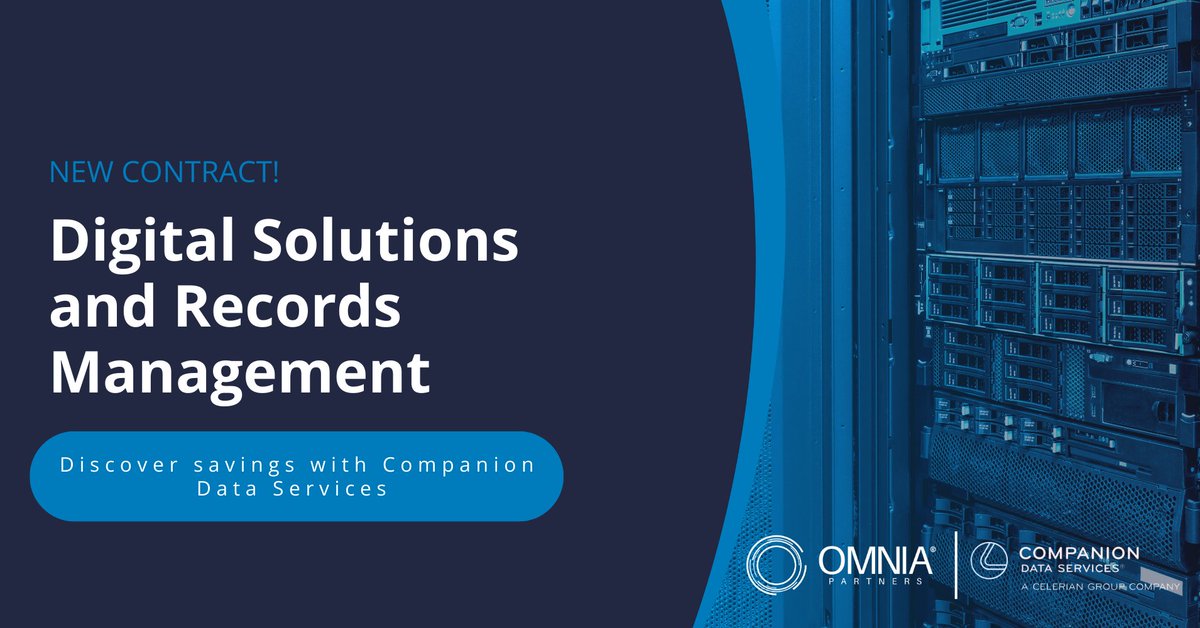 OMNIA Partners is proud to partner with Companion Data Services to offer Digital Solutions and Record Management solutions through a competitively solicited, publicly awarded contract. 

Learn more about Companion Data and their offerings: hubs.la/Q030-fhX0