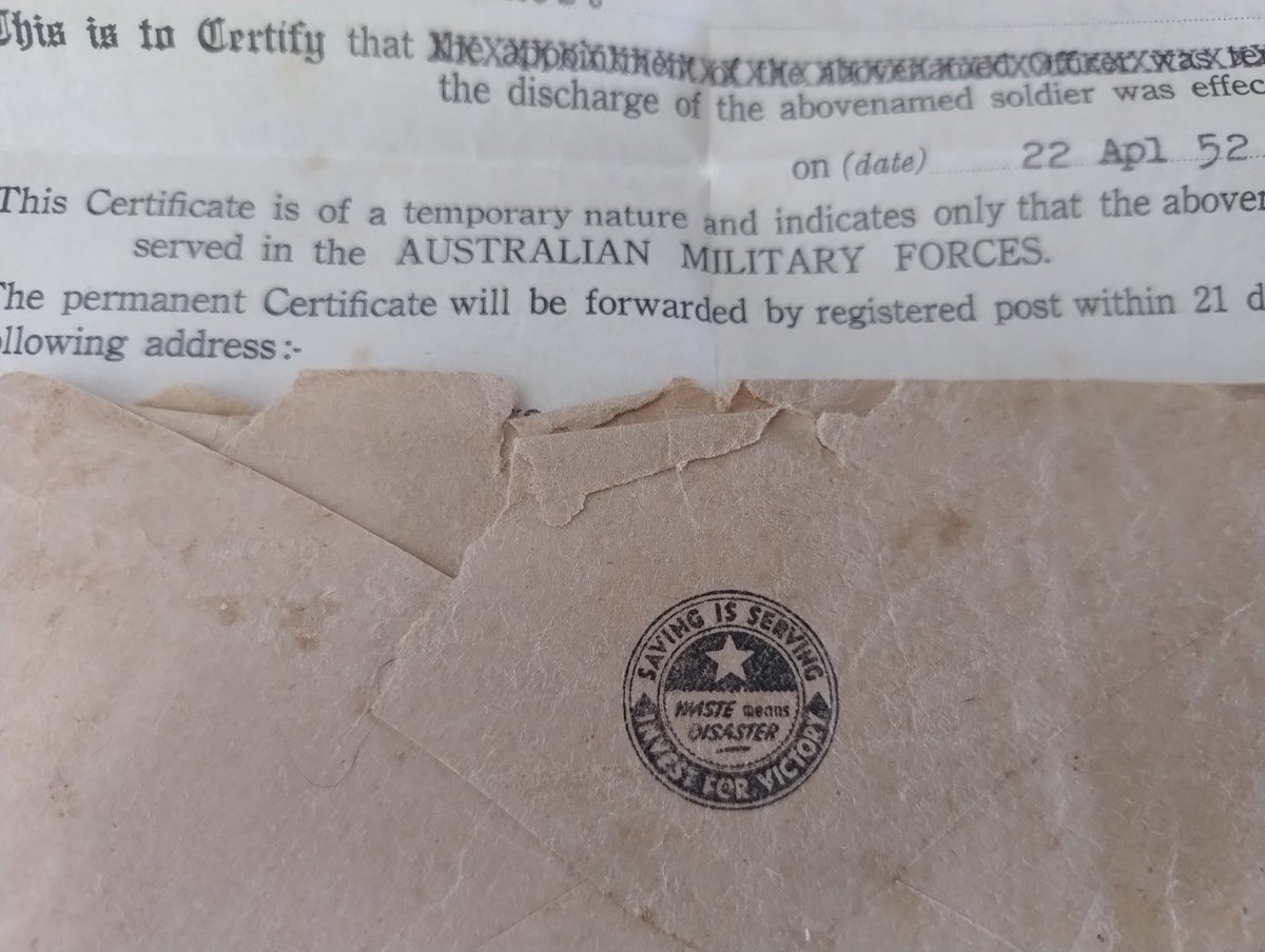 Rummaging at Mum's. My dad's discharge papers from the Australian #Army in 1952, at age 15 after only a few months as an apprentice. He didn't enjoy his time there, and got out due to back problems. "Saving is Serving - Invest for Victory - Waste Means Disaster" #50s #Australia