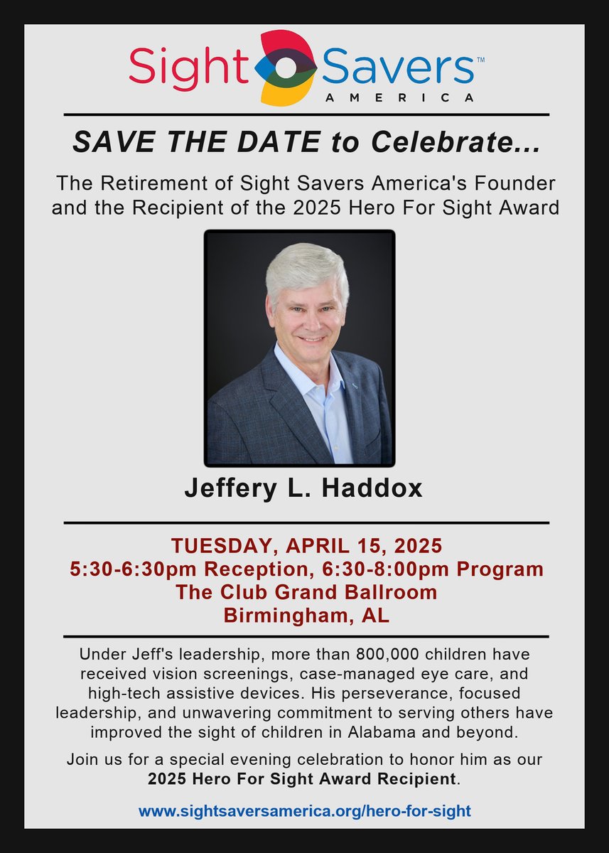 RESERVE your SEAT/TABLE TODAY!  This will be a very special evening honoring our FOUNDER, JEFF HADDOX!
sightsaversamerica.org/hero-for-sight/