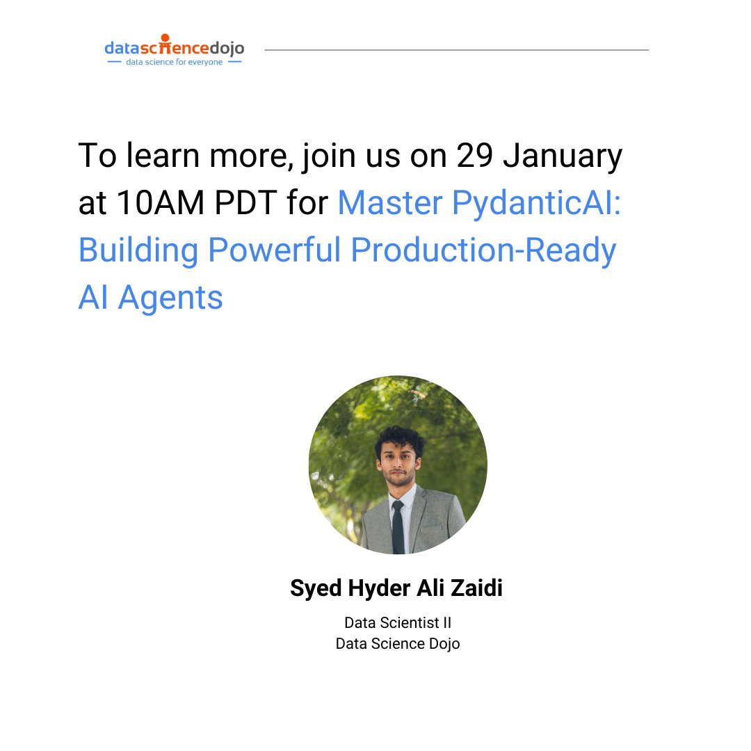 DataScienceDojo's tweet image. 🚀 A Quick Primer to Understand PydanticAI
Join us on January 29 at 10 AM PDT for a beginner-friendly live tutorial on mastering PydanticAI to build production-ready AI agents.
RSVP now: hubs.la/Q0332c030
#AIDevelopment #PydanticAI #AI #AIAgent