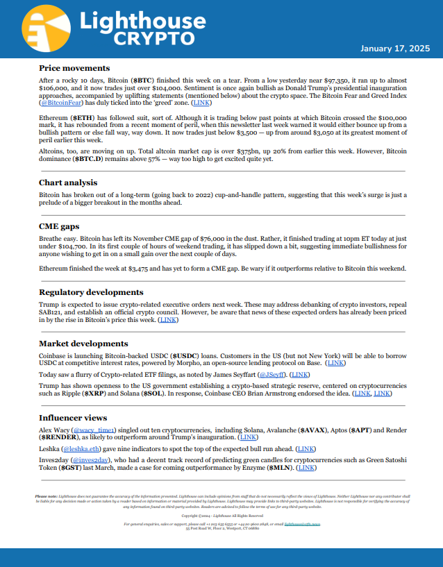 LighthouseCRPTO's tweet photo. Lighthouse Crypto brief for January 17, 2025. $BTC $ETH $MLN $AVAX $APT $RENDER $SOL

PDF available here: https://t.co/263h0D7t3f https://t.co/jEjeEjmWGf