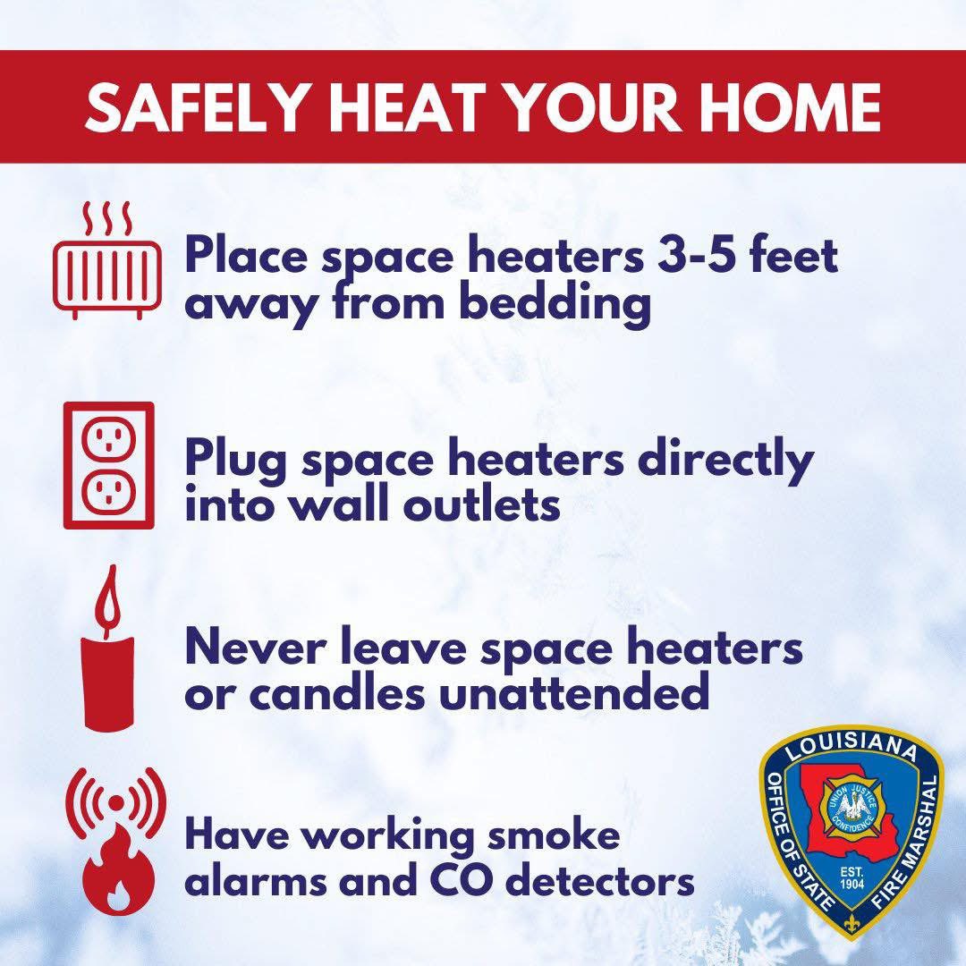 🛌Place space heaters 3-5 feet from combustible objects like blankets
🔌Plug all heating appliances directly into wall outlets, not power strips or extension cords
♨️Do not use stoves or ovens to heat homes
🔥Don’t overfill fireplaces/wood-burning stoves