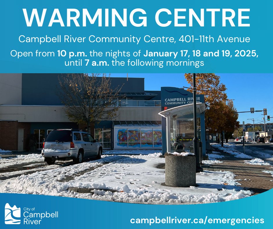 ❗️🌡️ In response to the low overnight temperatures in the forecast, the City will open a warming centre at the Community Centre (401-11th Avenue) from 10 p.m. to 7 a.m. on Jan. 17, 18, and 19, 2025.  

Read the full advisory for more information: campbellriver.ca/news.