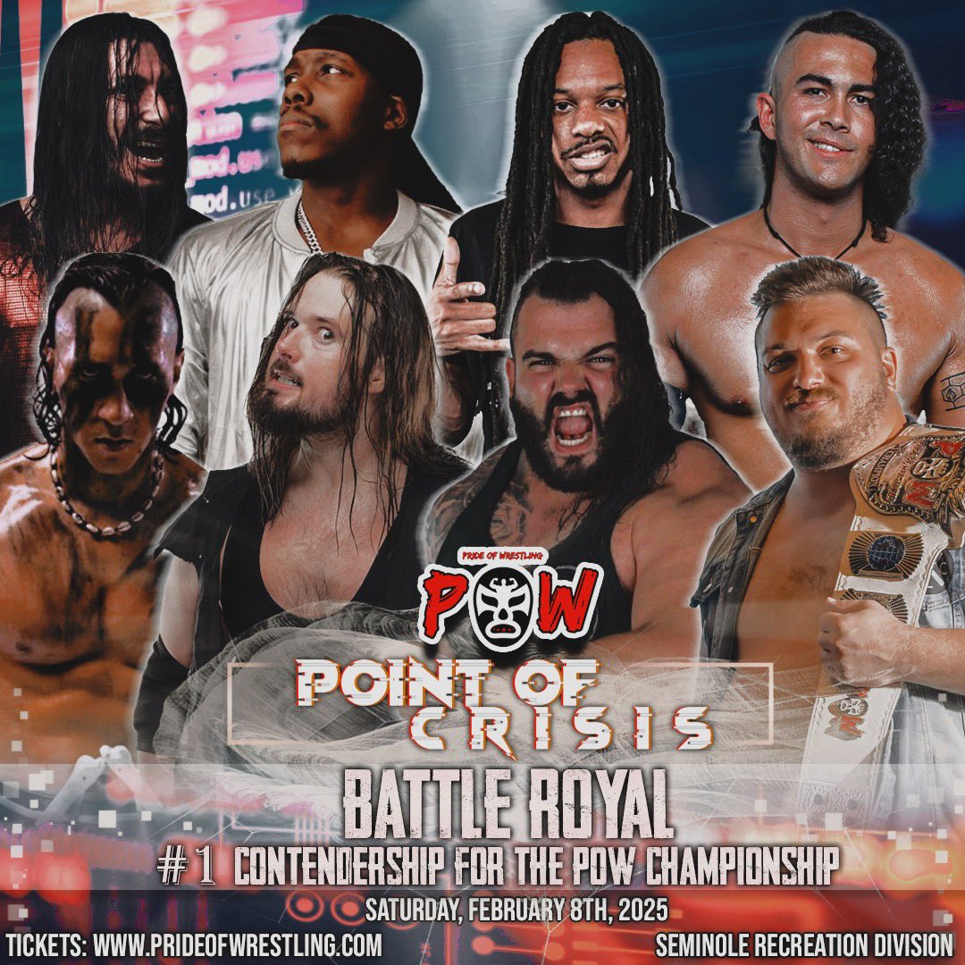 Pride of Wrestling (@powrestlingllc) on Twitter photo Battle Royal for the No.1 Contender to the POW Championship
<a href="/KekoaPro/">Kekoa</a> <a href="/somuchFrick/">Steven Frick</a> <a href="/thebigorlando/">Mike Orlando</a> <a href="/budd_heavy/">Budd Heavy</a>
🚨POW presents POW37 Point of Crisis‼️ Saturday February 8th 6:00pm at the Seminole Rec Center in Seminole FL🚨
🎟️Tickets prideofwrestling.com Battle Royal for the No.1 Contender to the POW Championship
<a href="/KekoaPro/">Kekoa</a> <a href="/somuchFrick/">Steven Frick</a> <a href="/thebigorlando/">Mike Orlando</a> <a href="/budd_heavy/">Budd Heavy</a>
🚨POW presents POW37 Point of Crisis‼️ Saturday February 8th 6:00pm at the Seminole Rec Center in Seminole FL🚨
🎟️Tickets prideofwrestling.com