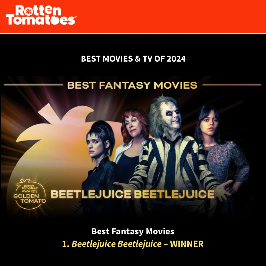 Beetlejuice (@beetlejuice) on Twitter photo Congratulations to #Beetlejuice #Beetlejuice on being named Best Fantasy Movie of 2024 at the <a href="/RottenTomatoes/">Rotten Tomatoes</a> Awards! Congratulations to #Beetlejuice #Beetlejuice on being named Best Fantasy Movie of 2024 at the <a href="/RottenTomatoes/">Rotten Tomatoes</a> Awards!
