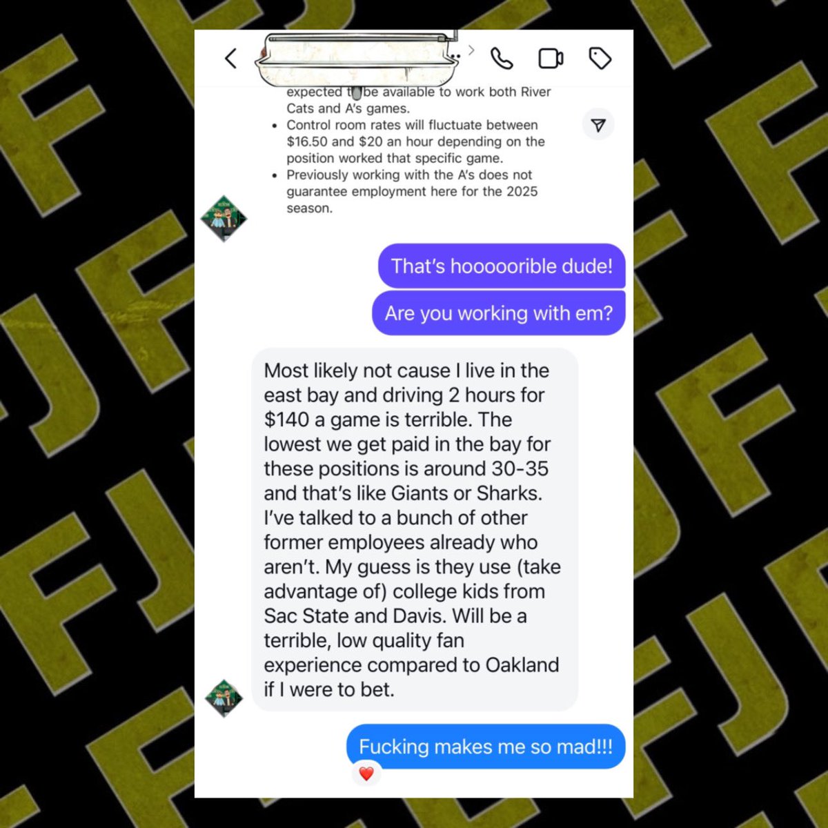 LastDiveBar's tweet image. Not only does Fisher &amp;amp; his executive team not want to take the City name…the A’s are expecting Rivercat employees to take on double the work for HALF THE PAY! 

A former in-stadium production employee sent this to us. 

You can put a new patch on a jersey but you ain’t fooling…