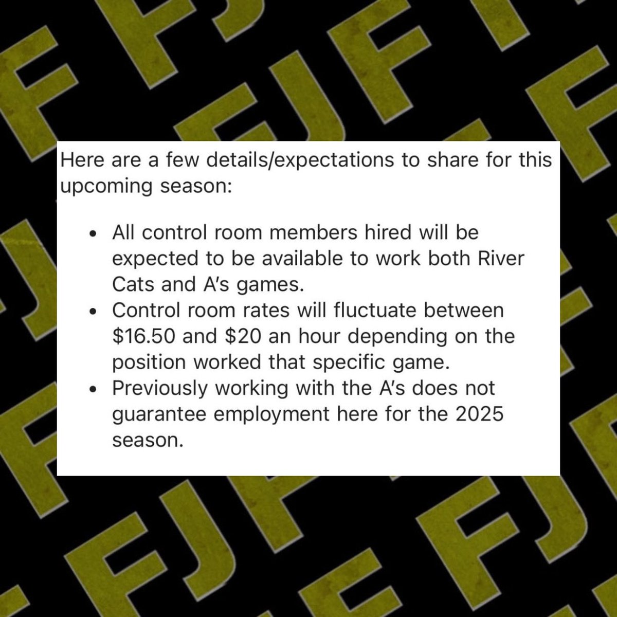 LastDiveBar's tweet image. Not only does Fisher &amp;amp; his executive team not want to take the City name…the A’s are expecting Rivercat employees to take on double the work for HALF THE PAY! 

A former in-stadium production employee sent this to us. 

You can put a new patch on a jersey but you ain’t fooling…