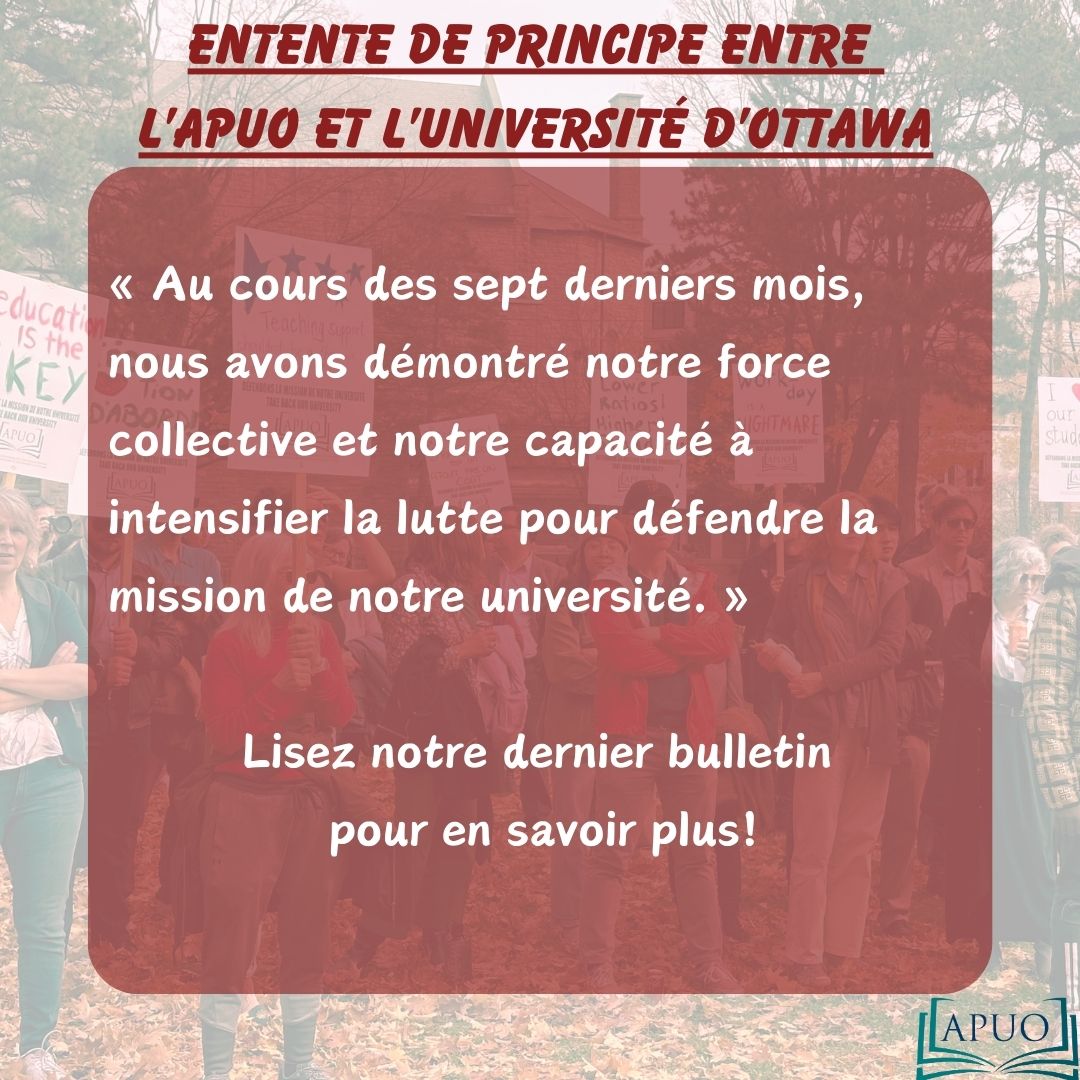 Après trois journées intensives de conciliation, nous avons le plaisir de vous informer que les équipes de négociation de l’APUO et de l’employeur sont parvenues à une entente de principe de deux ans en toute fin d’après-midi aujourd’hui. Lisez ici : apuo.ca/mise-a-jour-su…